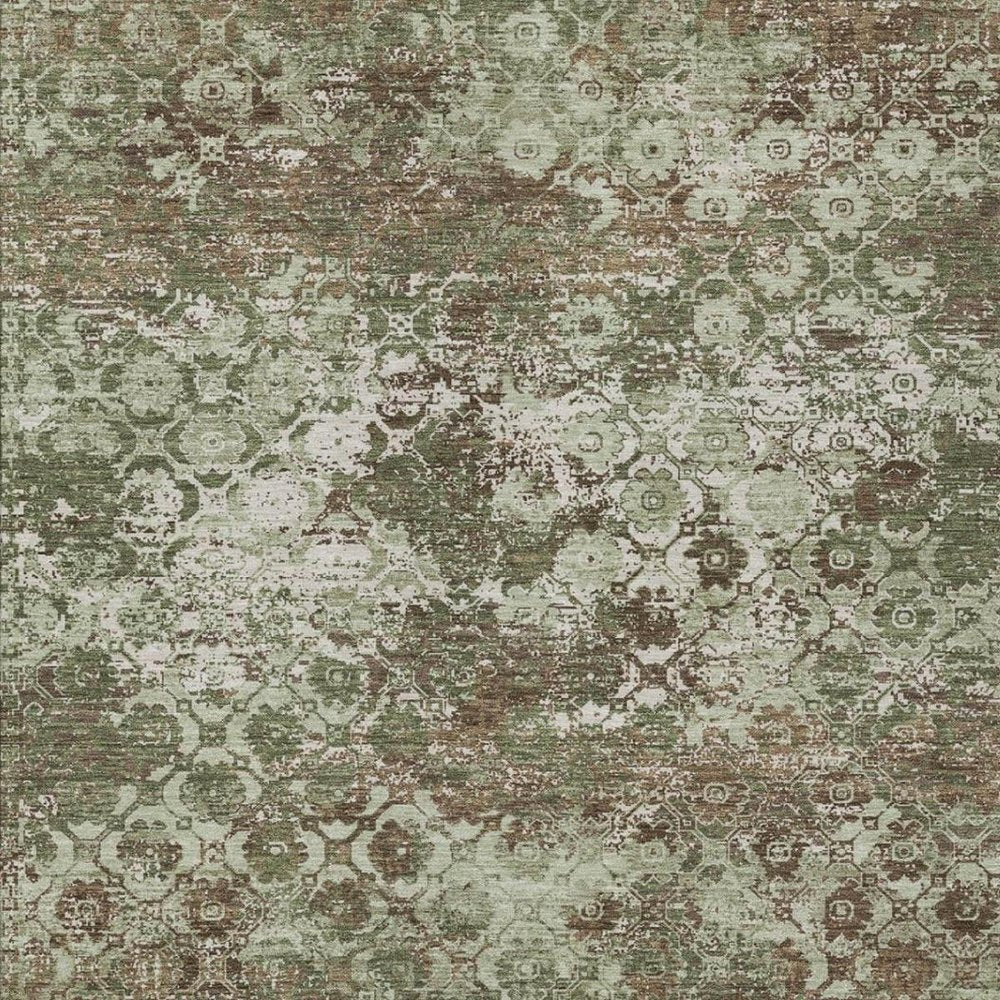 3' X 5' Olive Green And Green Floral Medallion Washable Indoor Outdoor Area Rug
