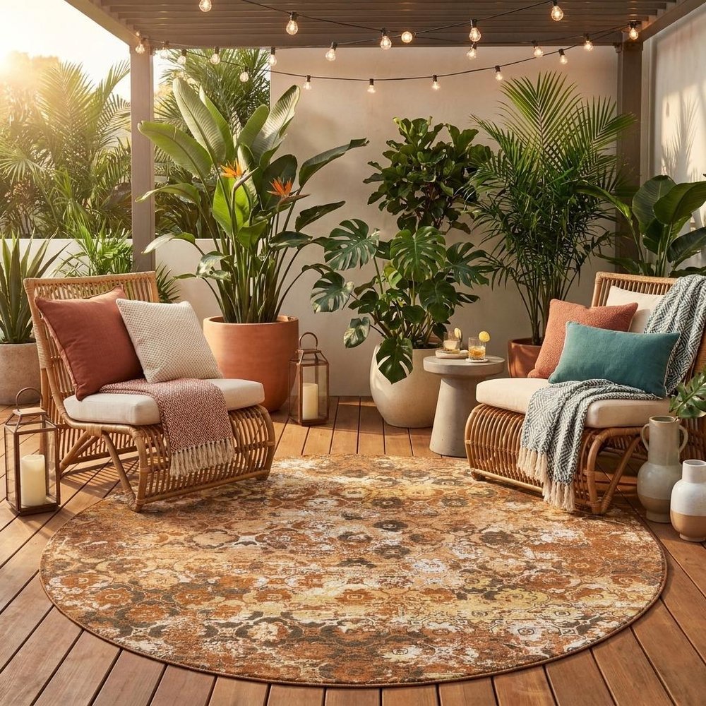 8' Orange And Rust Round Floral Medallion Washable Indoor Outdoor Area Rug HomeRoots