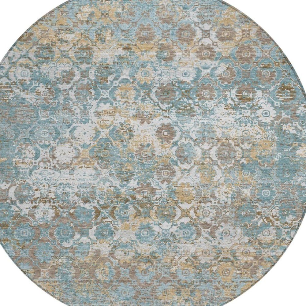 8' Teal Blue And Pewter Round Floral Medallion Washable Indoor Outdoor Area Rug