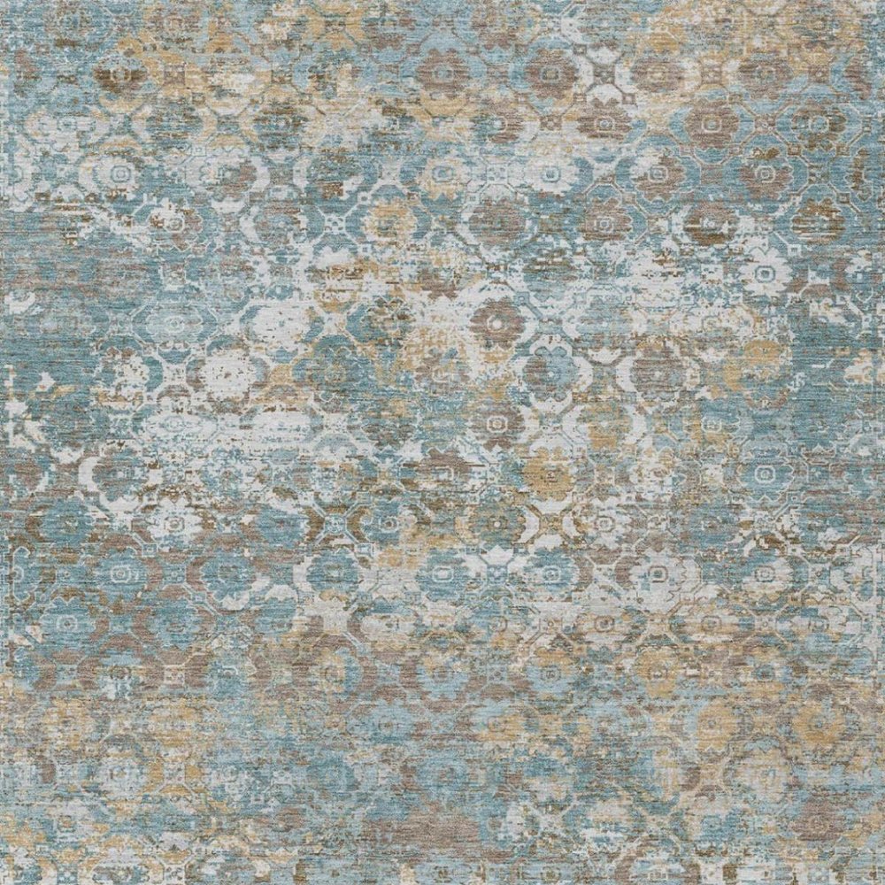 9' X 12' Teal Blue And Pewter Floral Medallion Washable Indoor Outdoor Area Rug