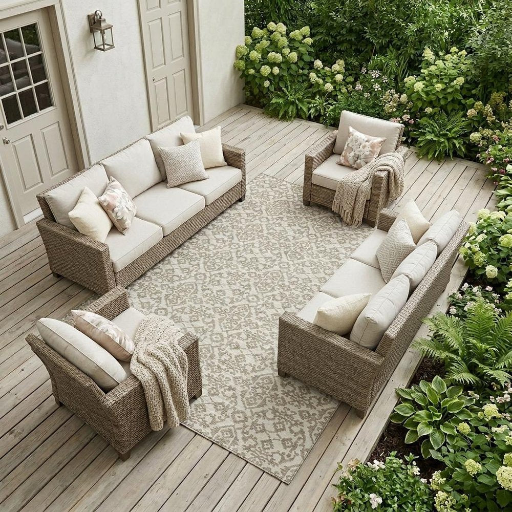 10' X 14' Ivory And Beige Damask Washable Indoor Outdoor Area Rug HomeRoots