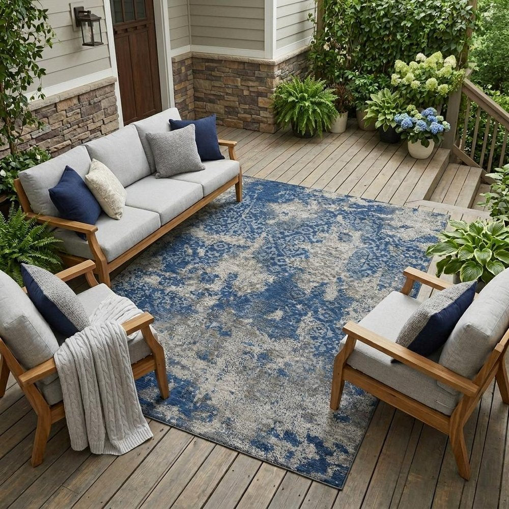 9' X 12' Navy Blue And Blue Abstract Washable Indoor Outdoor Area Rug HomeRoots