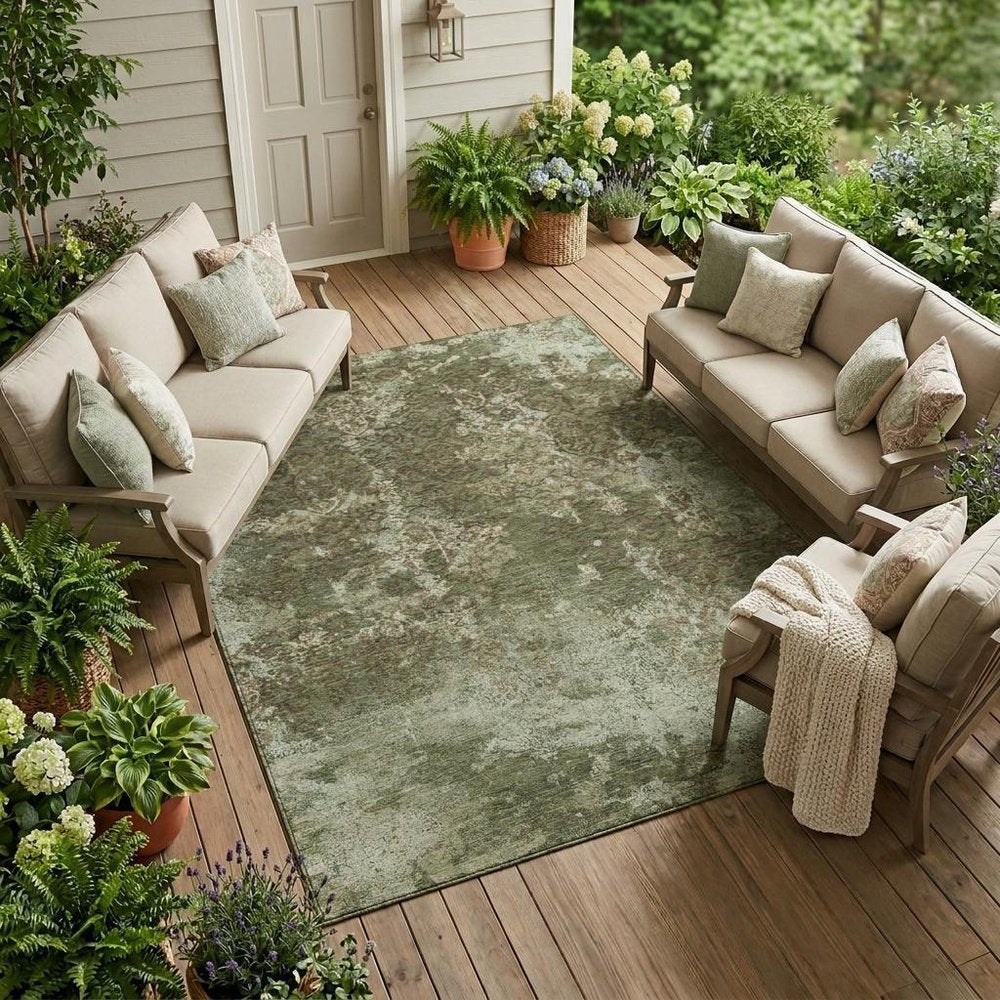 9' X 12' Olive Green And Green Abstract Washable Indoor Outdoor Area Rug HomeRoots