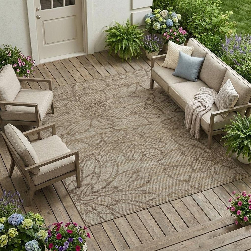 8' X 10' Beige And Brown Floral Washable Indoor Outdoor Area Rug HomeRoots