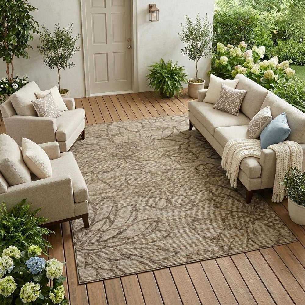 9' X 12' Beige And Brown Floral Washable Indoor Outdoor Area Rug HomeRoots