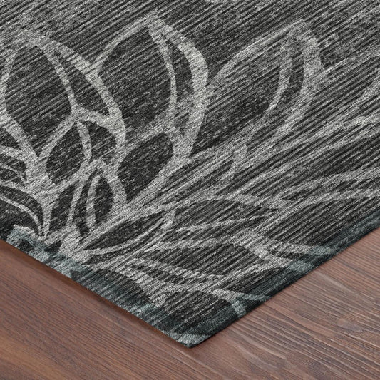5' X 8' Black And Graphite Floral Washable Indoor Outdoor Area Rug