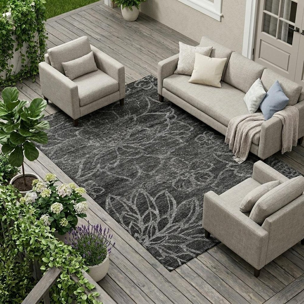 9' X 12' Black And Graphite Floral Washable Indoor Outdoor Area Rug HomeRoots