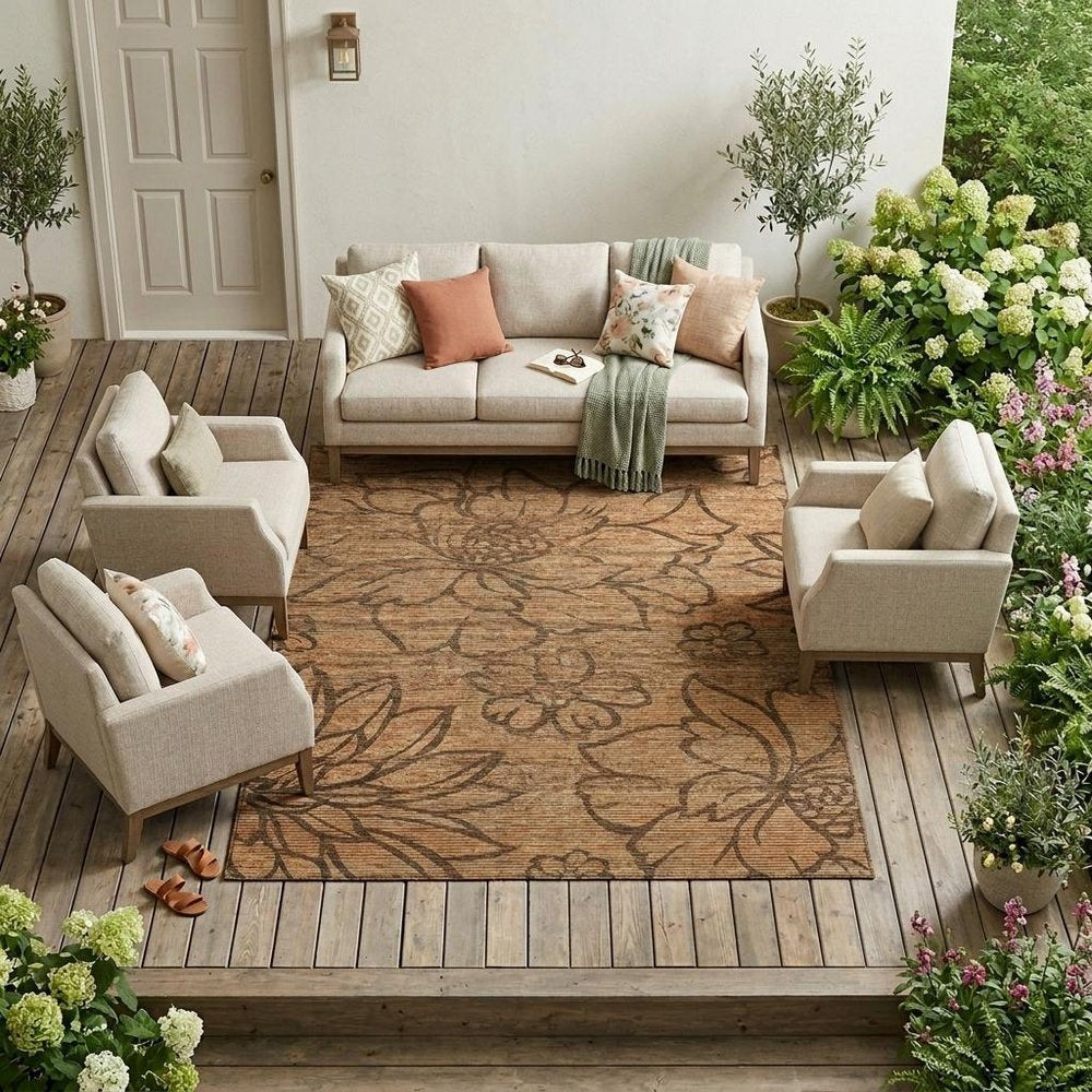 9' X 12' Copper And Orange Floral Washable Indoor Outdoor Area Rug HomeRoots