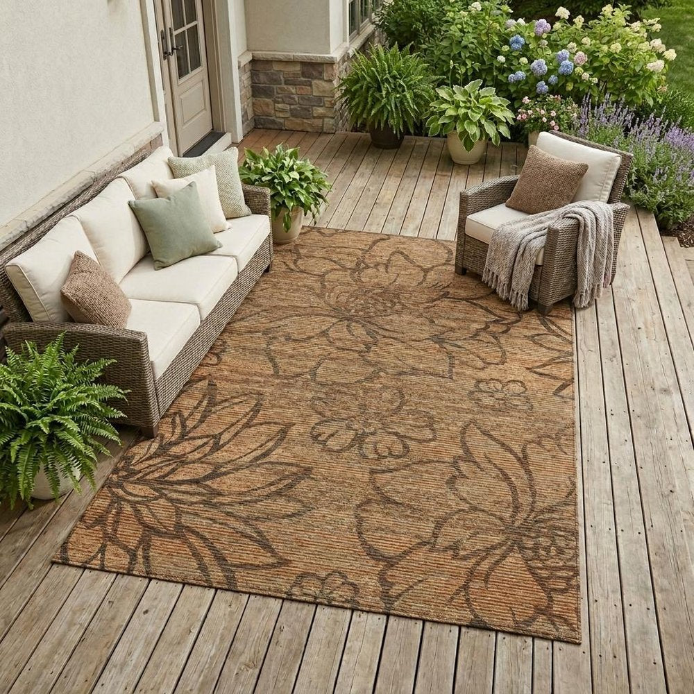 10' X 14' Copper And Orange Floral Washable Indoor Outdoor Area Rug HomeRoots