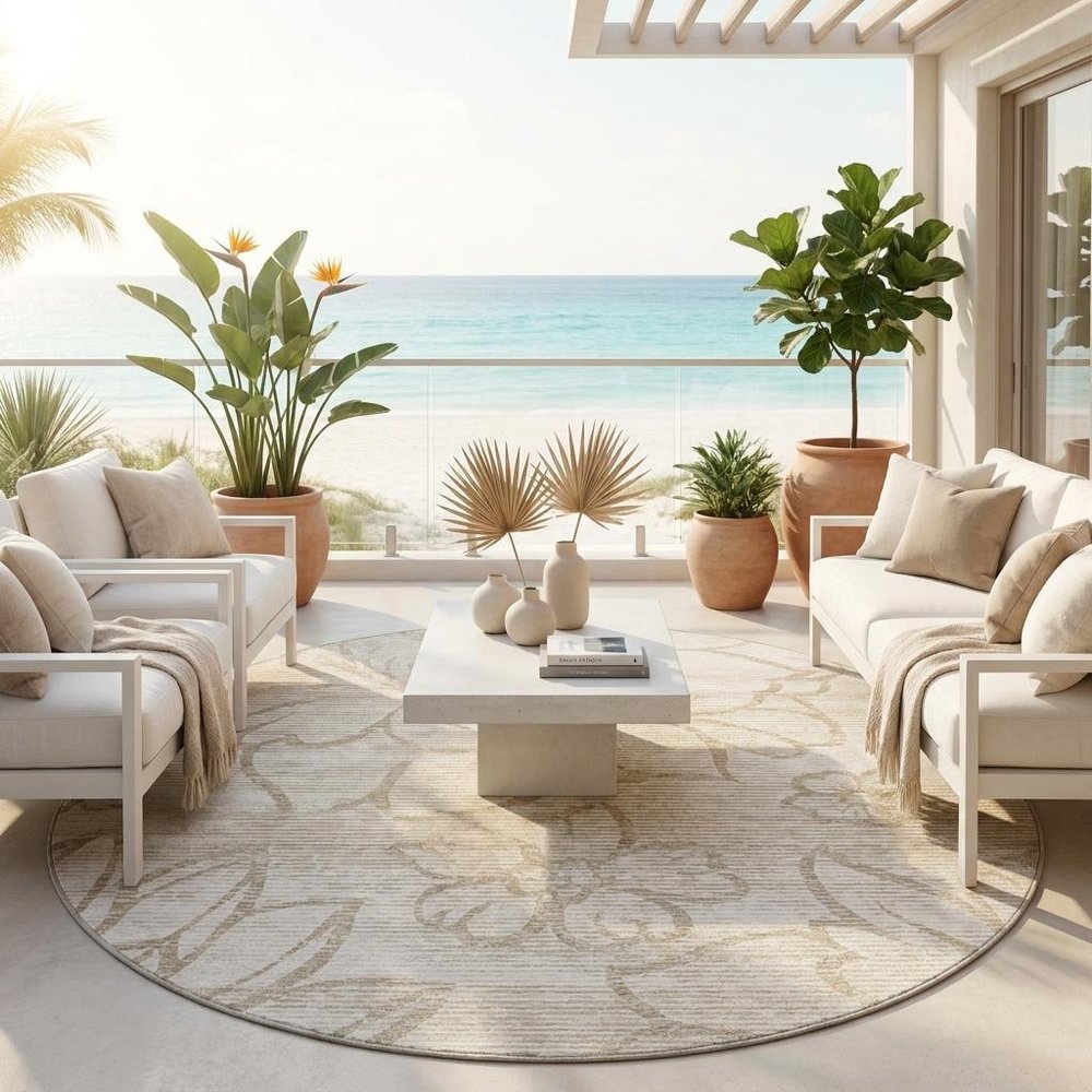8' Ivory And Silver Round Floral Washable Indoor Outdoor Area Rug HomeRoots