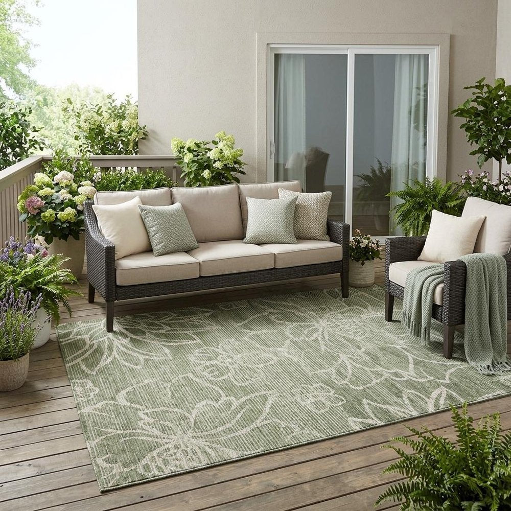 5' X 8' Olive Green And Green Floral Washable Indoor Outdoor Area Rug HomeRoots