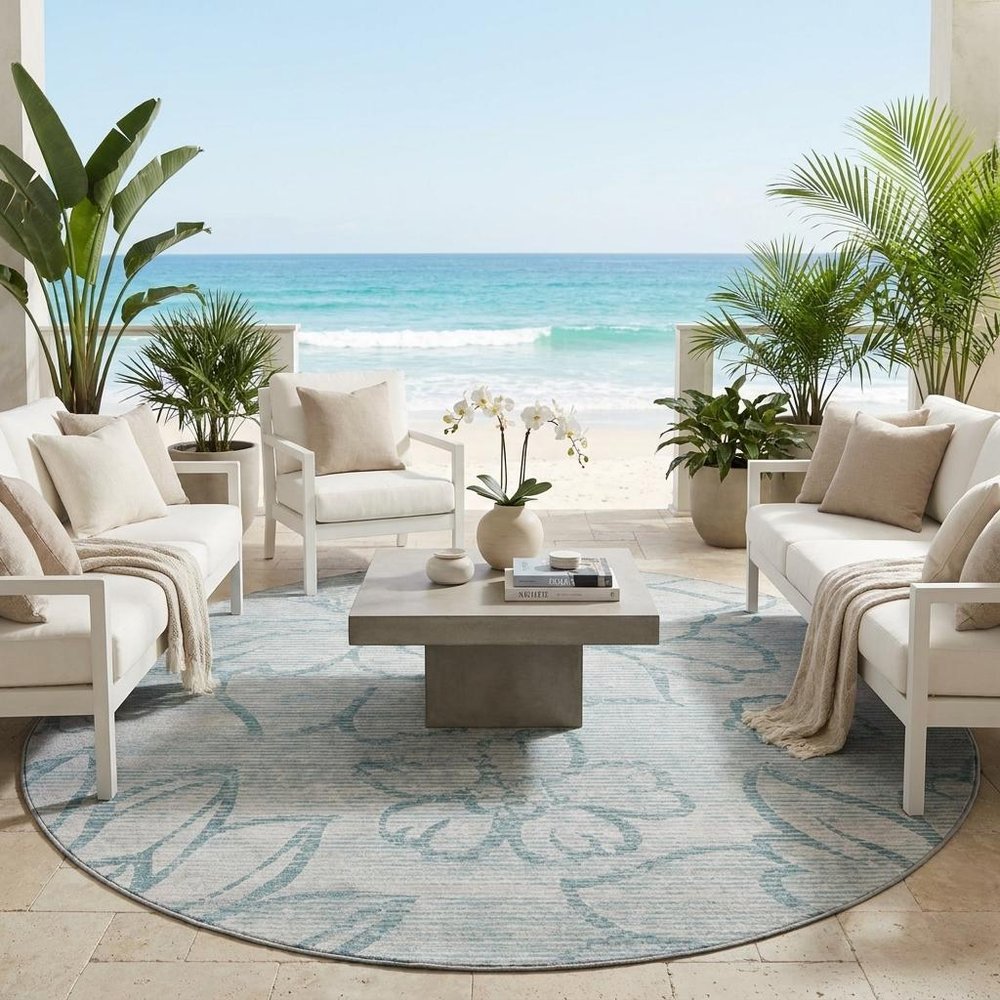 8' Silver And Gray Round Floral Washable Indoor Outdoor Area Rug HomeRoots