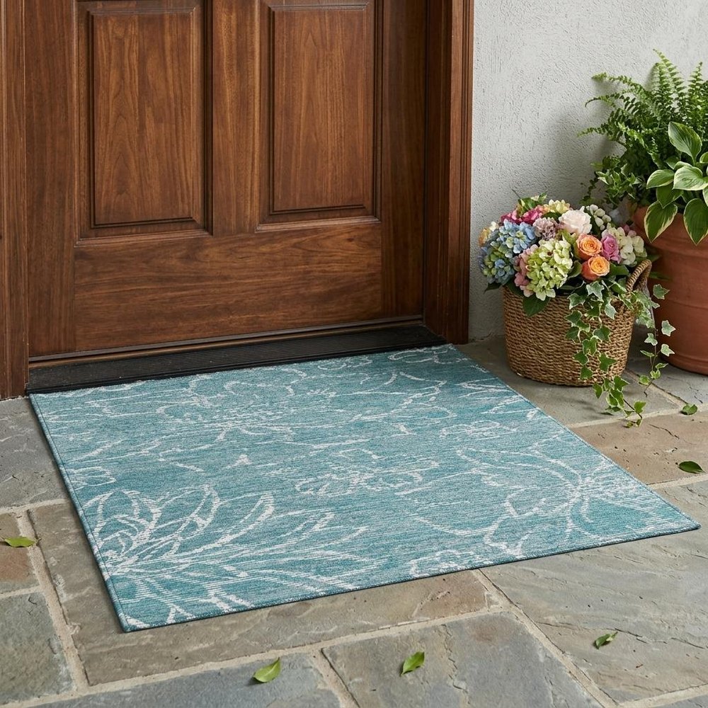 3' X 5' Teal Blue And Blue Floral Washable Indoor Outdoor Area Rug HomeRoots