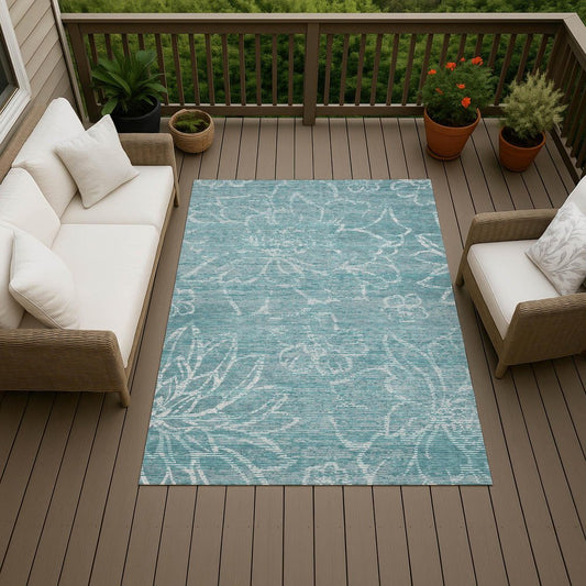 9' X 12' Teal Blue And Blue Floral Washable Indoor Outdoor Area Rug