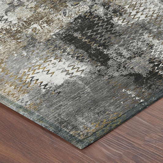 8' Gray And Graphite Round Abstract Washable Indoor Outdoor Area Rug