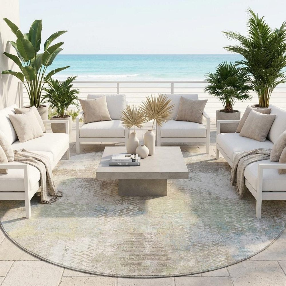 8' Ivory And Silver Round Abstract Washable Indoor Outdoor Area Rug HomeRoots