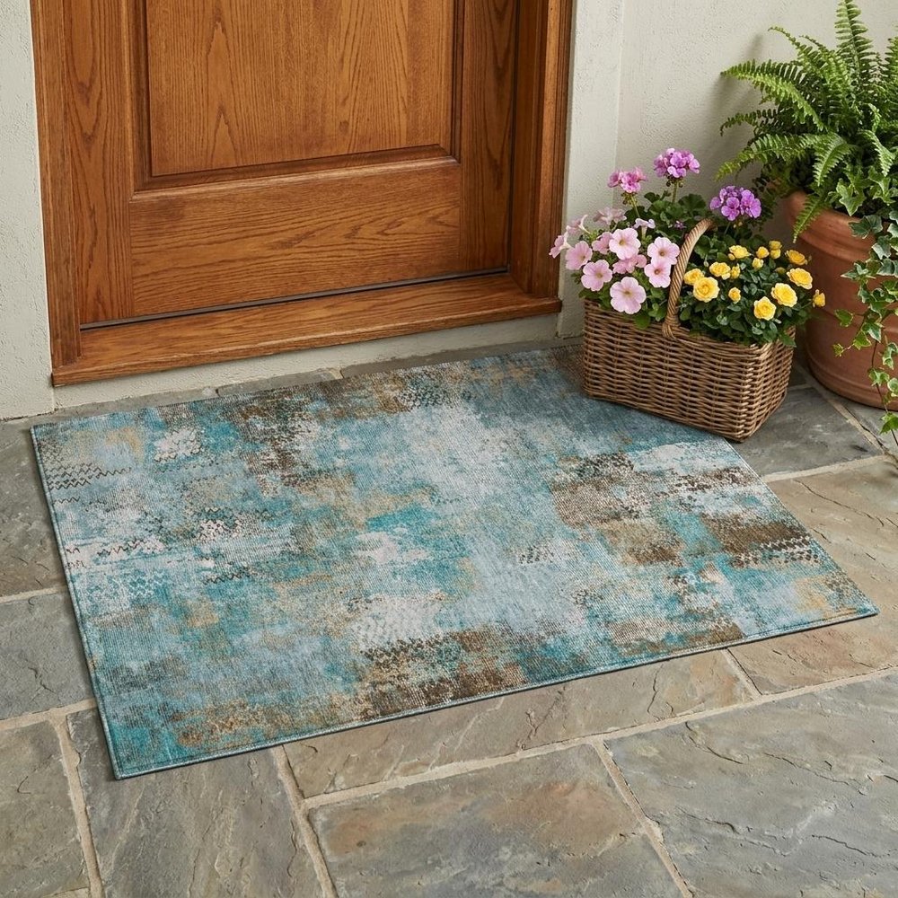 3' X 5' Teal Blue And Pewter Abstract Washable Indoor Outdoor Area Rug HomeRoots