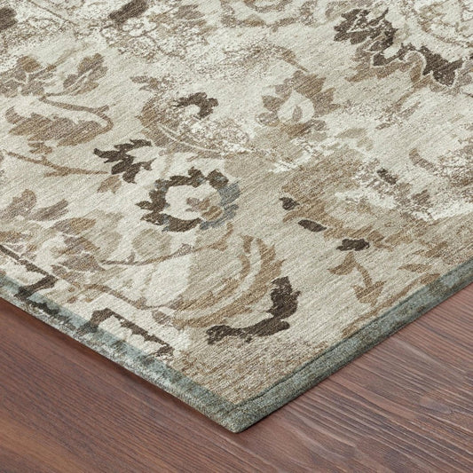5' X 8' Beige And Brown Floral Washable Indoor Outdoor Area Rug