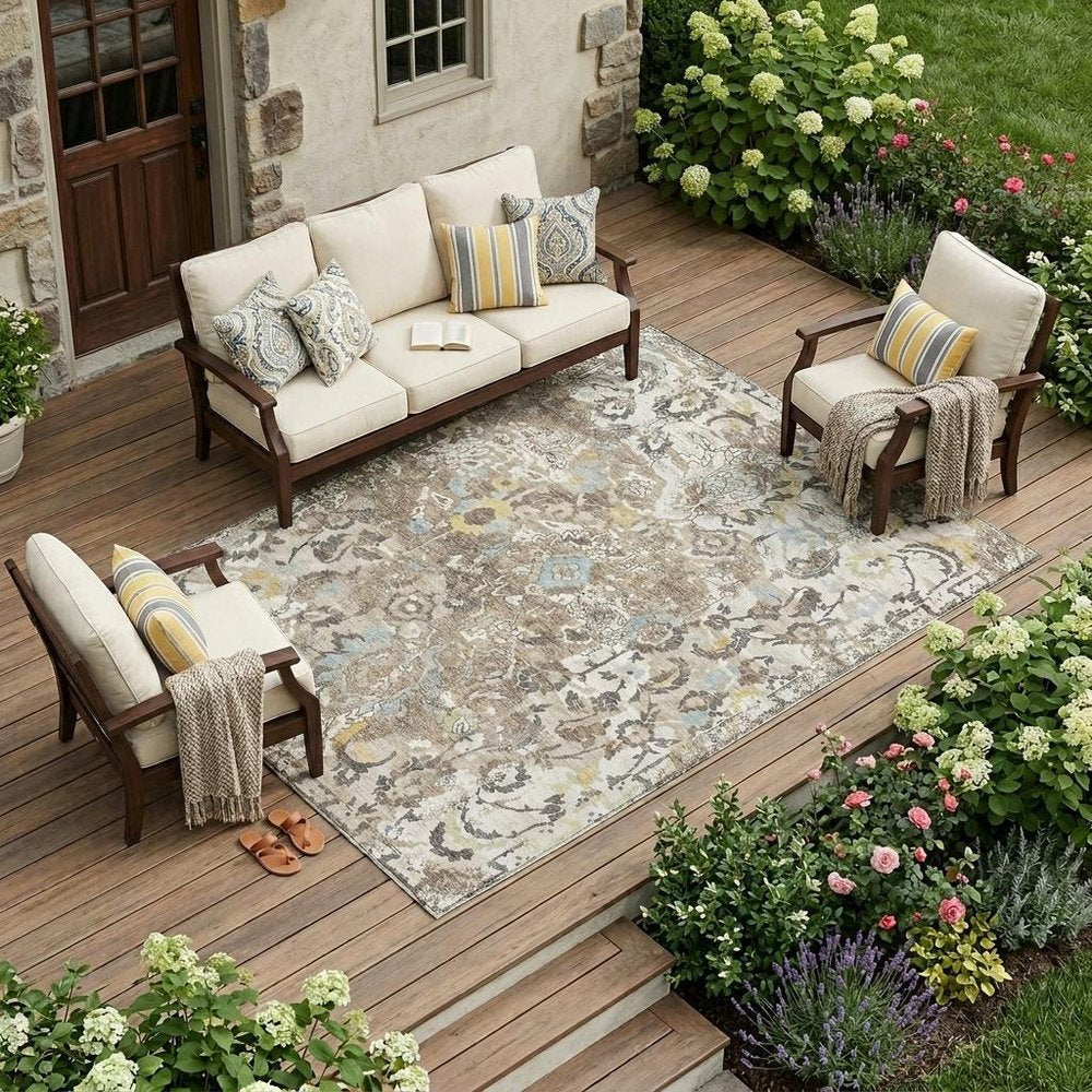 8' X 10' Ivory And Pewter Floral Washable Indoor Outdoor Area Rug HomeRoots