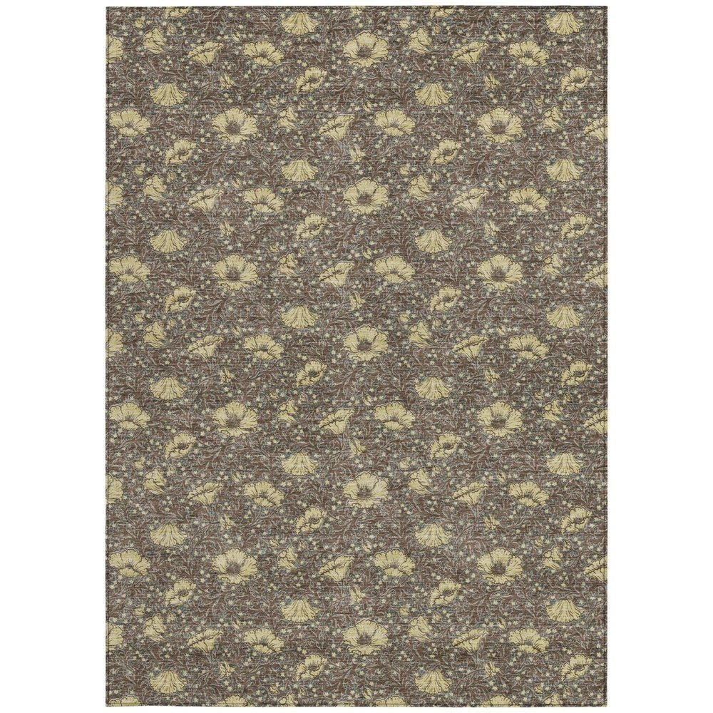 9' X 12' Brown And Coffee Floral Washable Indoor Outdoor Area Rug