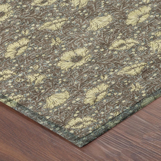 9' X 12' Brown And Coffee Floral Washable Indoor Outdoor Area Rug