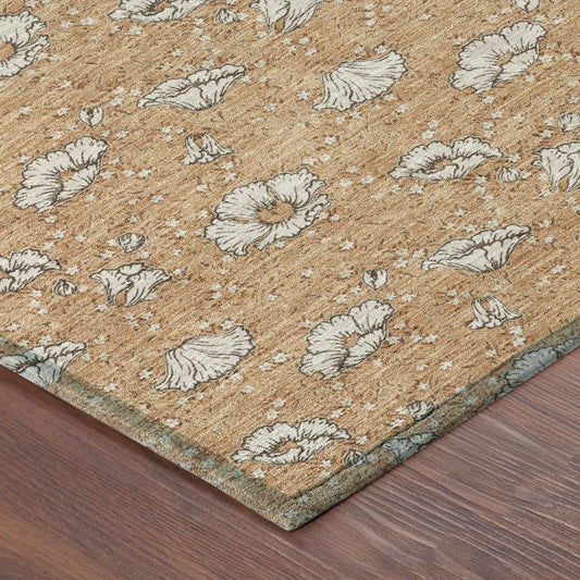 8' X 10' Copper And Orange Floral Washable Indoor Outdoor Area Rug