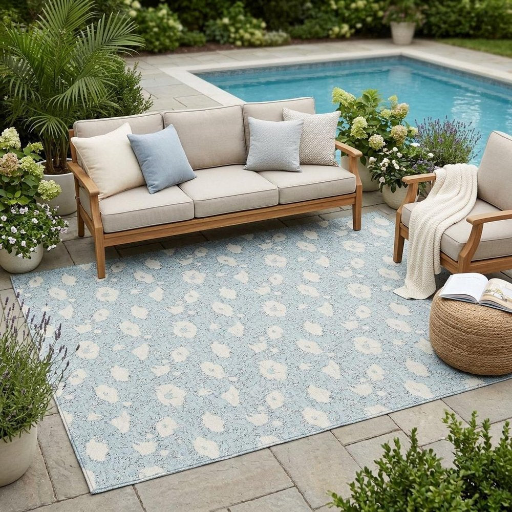5' X 8' Sky Blue And Blue Floral Washable Indoor Outdoor Area Rug HomeRoots