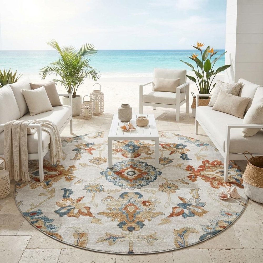 8' Linen And Ivory Round Floral Medallion Washable Indoor Outdoor Area Rug HomeRoots