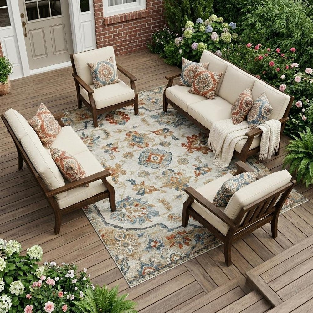 9' X 12' Linen And Ivory Floral Medallion Washable Indoor Outdoor Area Rug HomeRoots