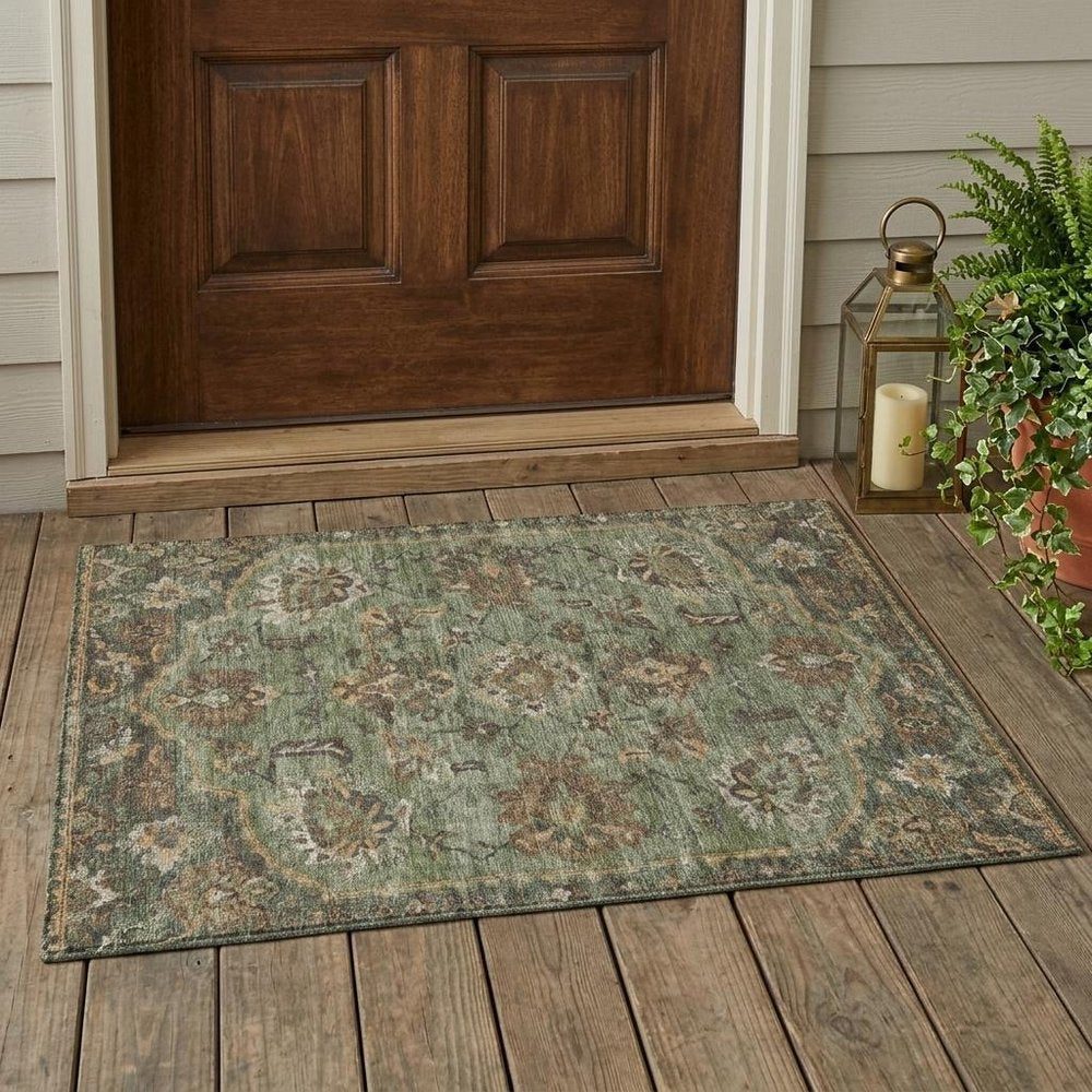 3' X 5' Olive Green And Green Floral Medallion Washable Indoor Outdoor Area Rug HomeRoots
