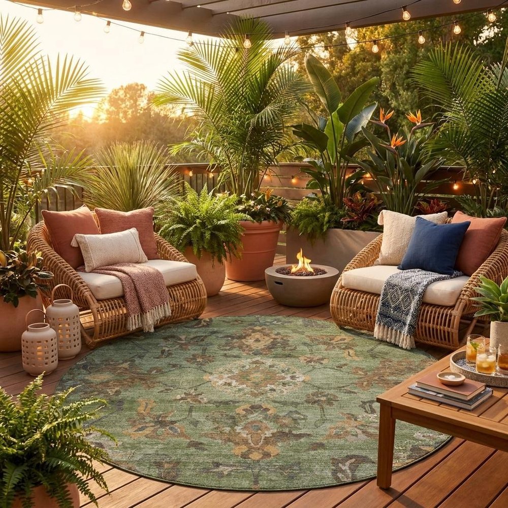 8' Olive Green And Green Round Floral Medallion Washable Indoor Outdoor Area Rug HomeRoots