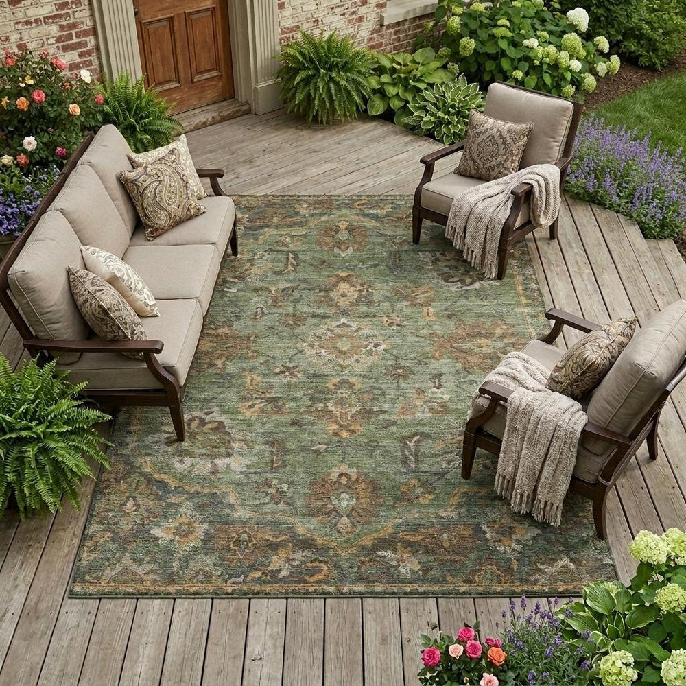 8' X 10' Olive Green And Green Floral Medallion Washable Indoor Outdoor Area Rug HomeRoots