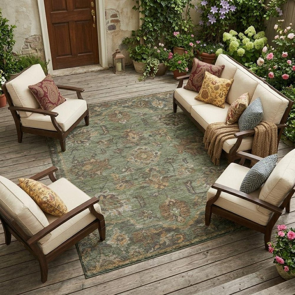 10' X 14' Olive Green And Green Floral Medallion Washable Indoor Outdoor Area Rug HomeRoots