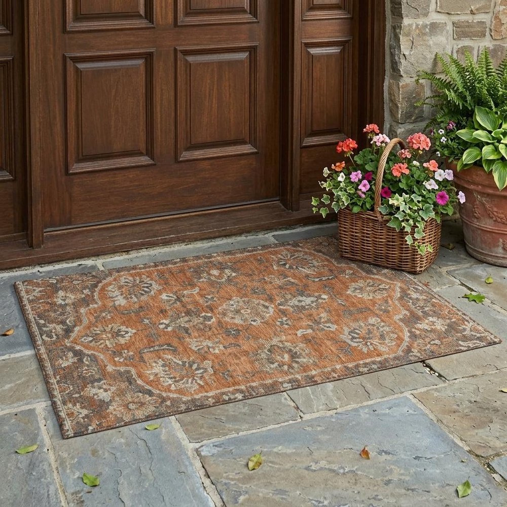 3' X 5' Orange And Brown Floral Medallion Washable Indoor Outdoor Area Rug HomeRoots