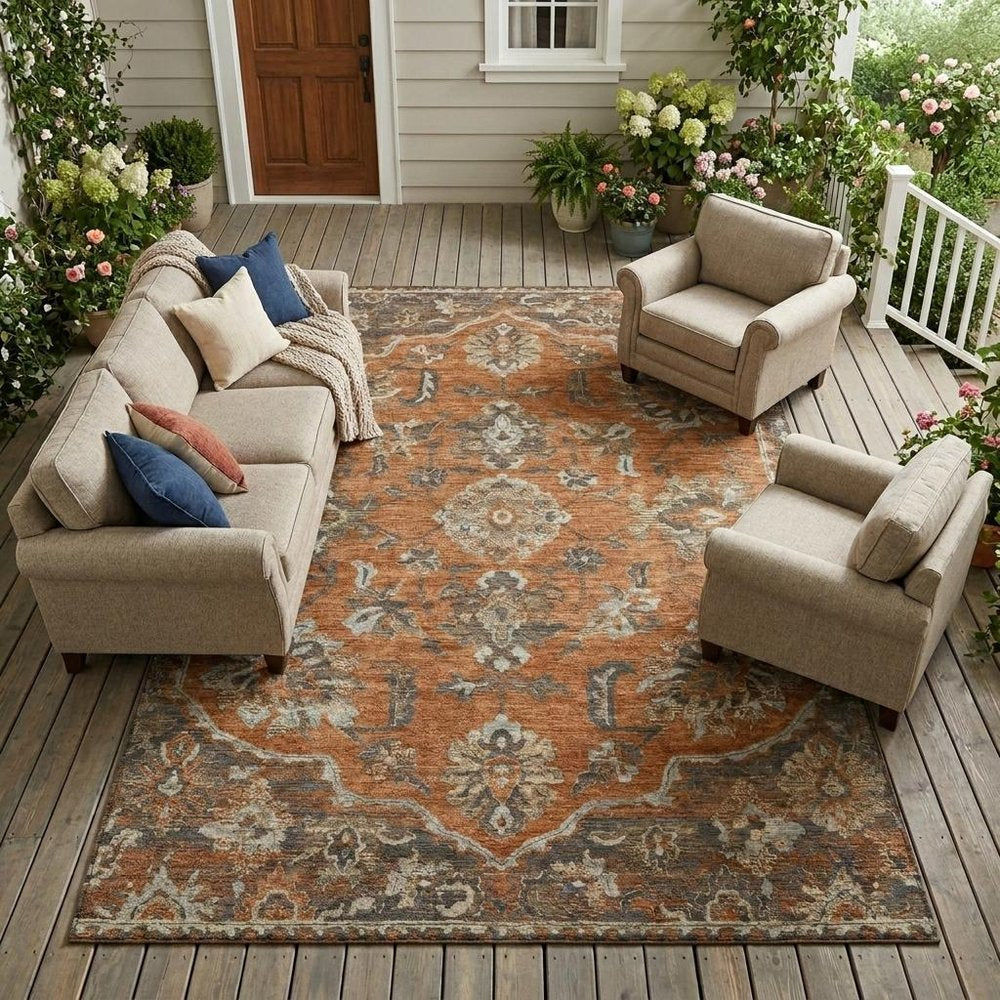 9' X 12' Orange And Brown Floral Medallion Washable Indoor Outdoor Area Rug HomeRoots