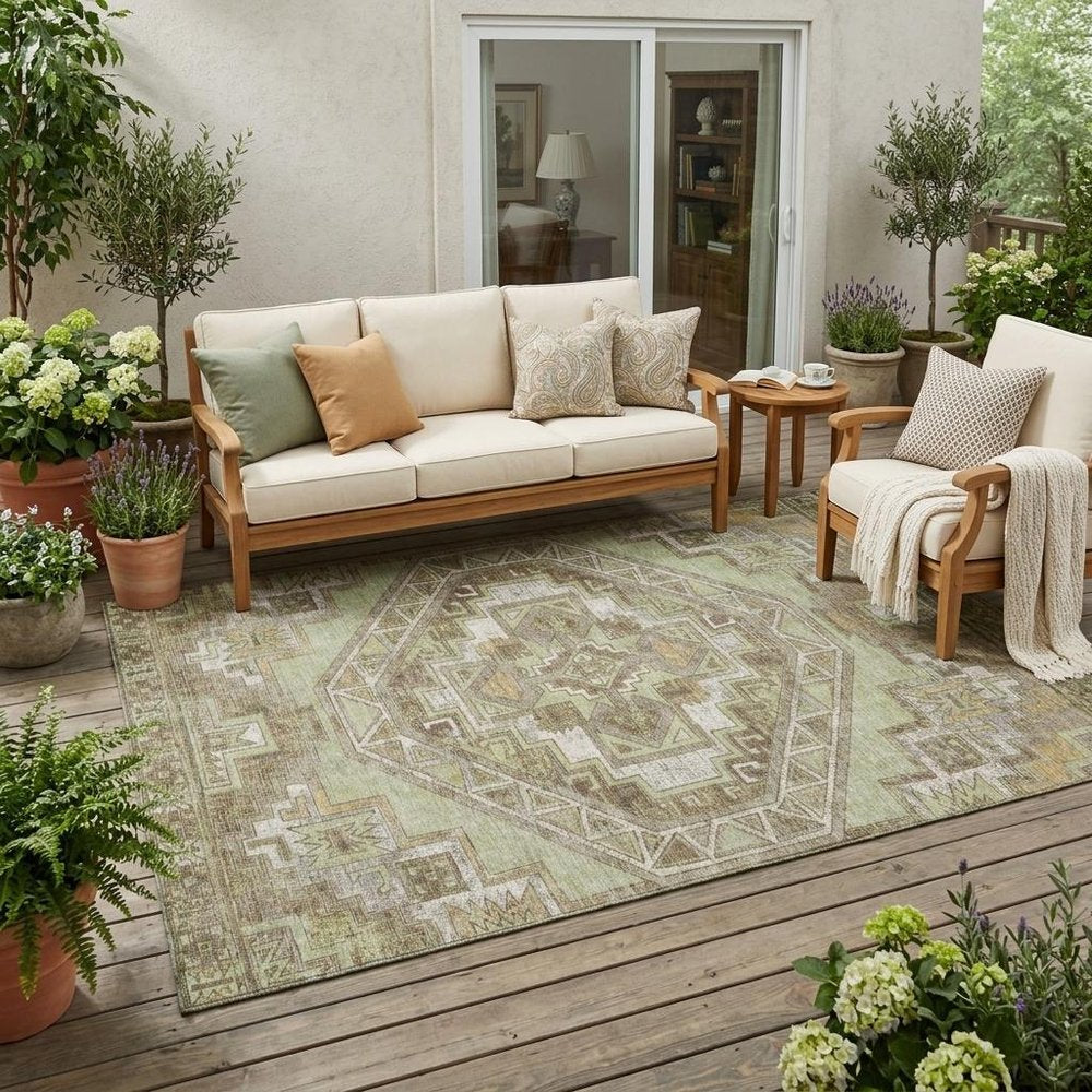 5' X 8' Green And Brown Southwestern Washable Indoor Outdoor Area Rug HomeRoots