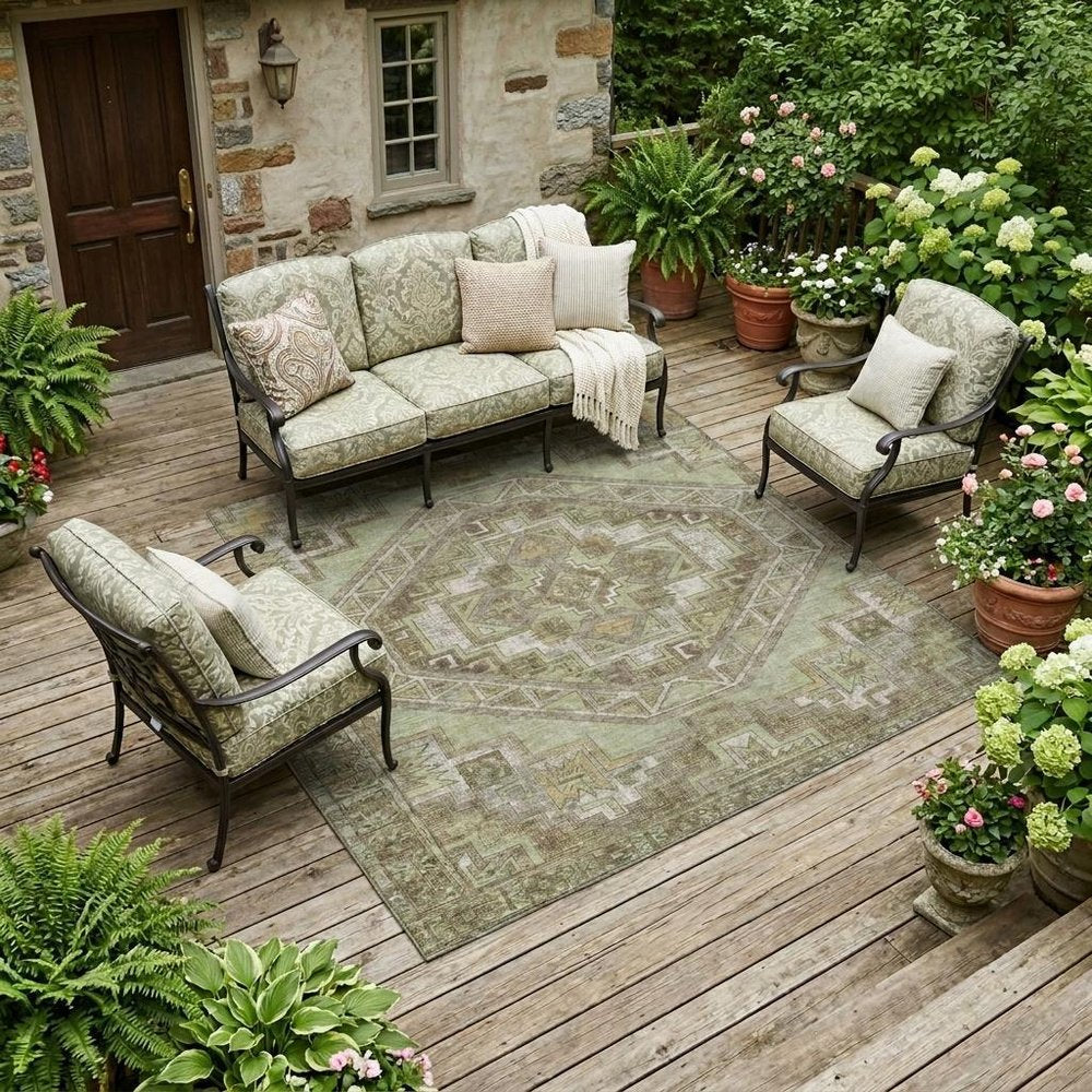 8' X 10' Green And Brown Southwestern Washable Indoor Outdoor Area Rug HomeRoots