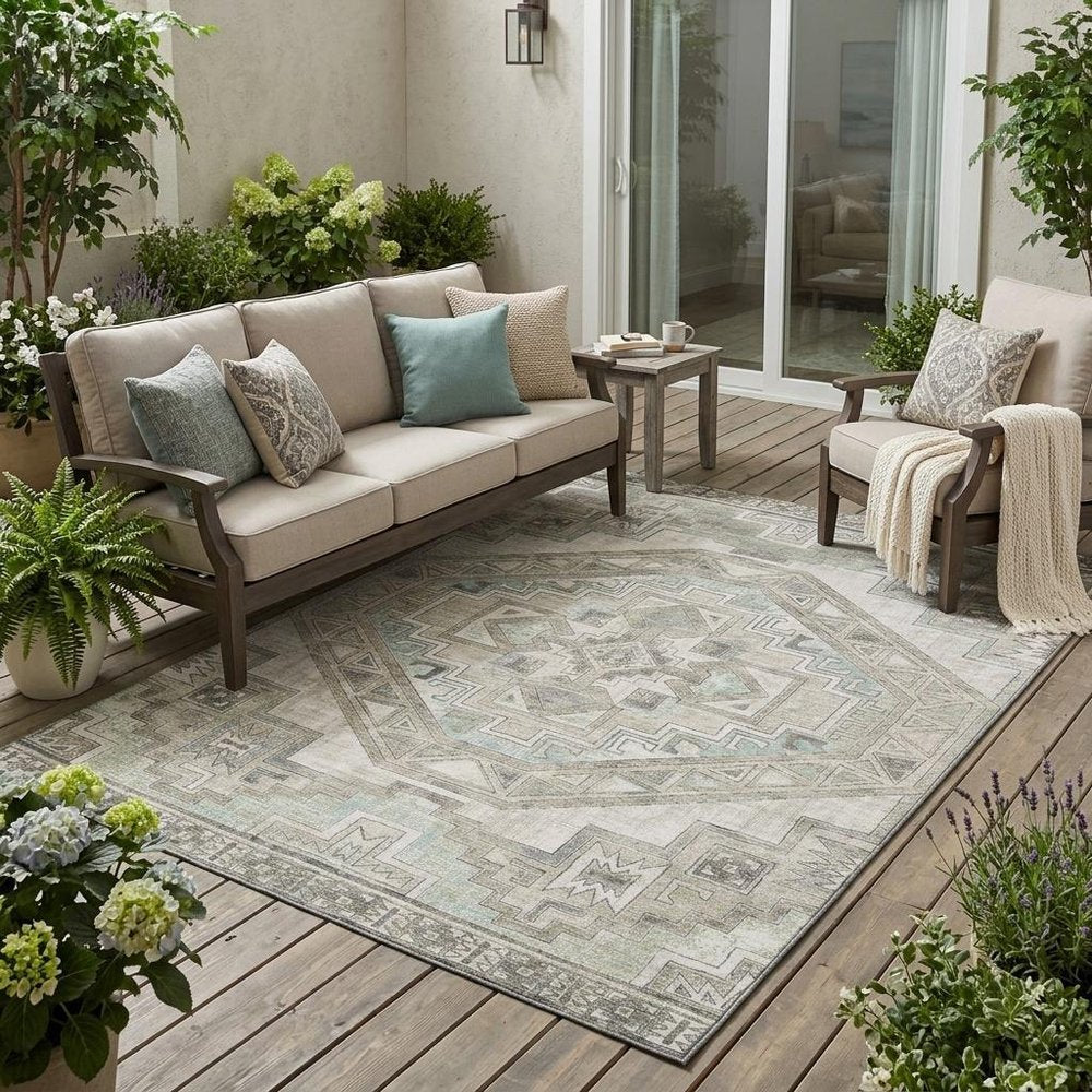 5' X 8' Ivory And Pewter Southwestern Washable Indoor Outdoor Area Rug HomeRoots