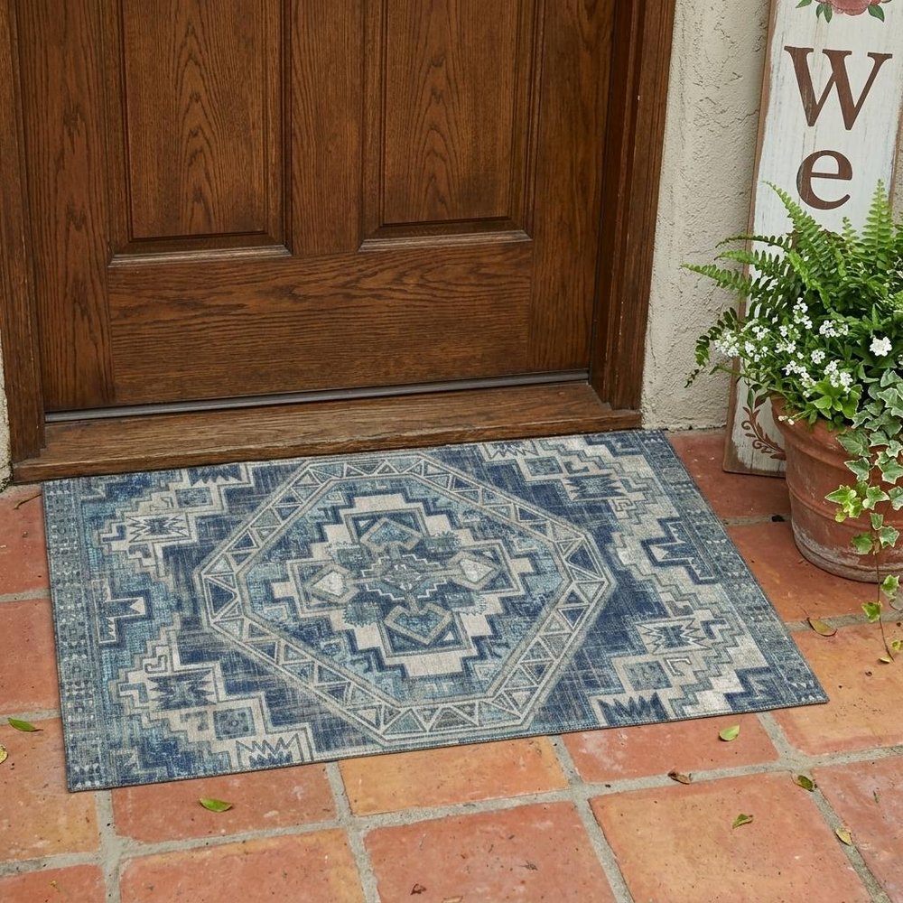 3' X 5' Navy Blue And Blue Southwestern Washable Indoor Outdoor Area Rug HomeRoots