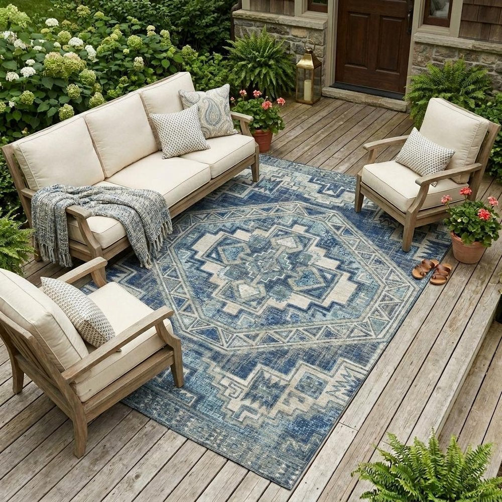 9' X 12' Navy Blue And Blue Southwestern Washable Indoor Outdoor Area Rug HomeRoots