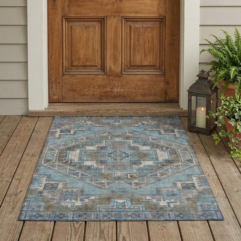 3' X 5' Teal Blue And Gray Southwestern Washable Indoor Outdoor Area Rug HomeRoots