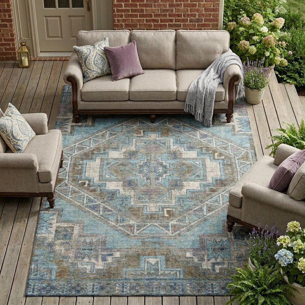 9' X 12' Teal Blue And Gray Southwestern Washable Indoor Outdoor Area Rug HomeRoots