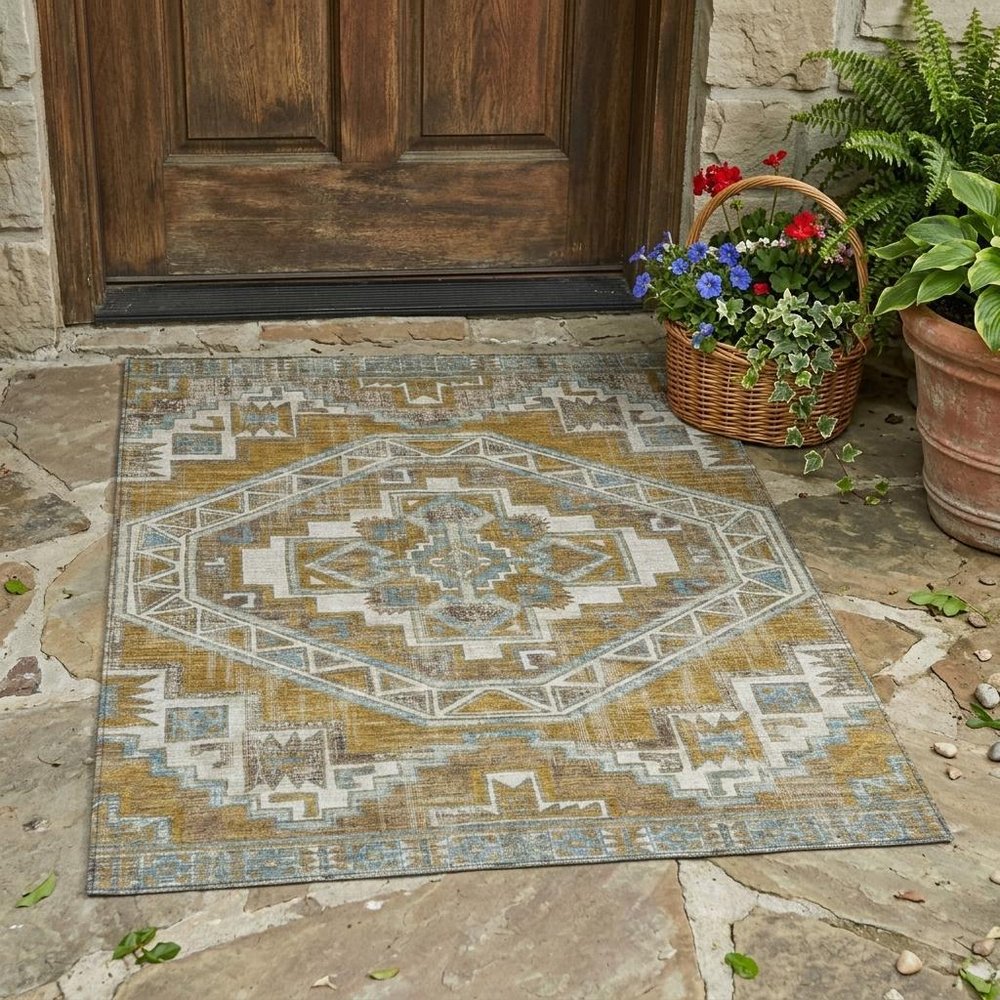 3' X 5' Walnut And Gold Southwestern Washable Indoor Outdoor Area Rug HomeRoots