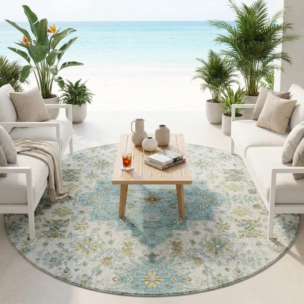 8' Ivory And Silver Round Oriental Washable Indoor Outdoor Area Rug HomeRoots