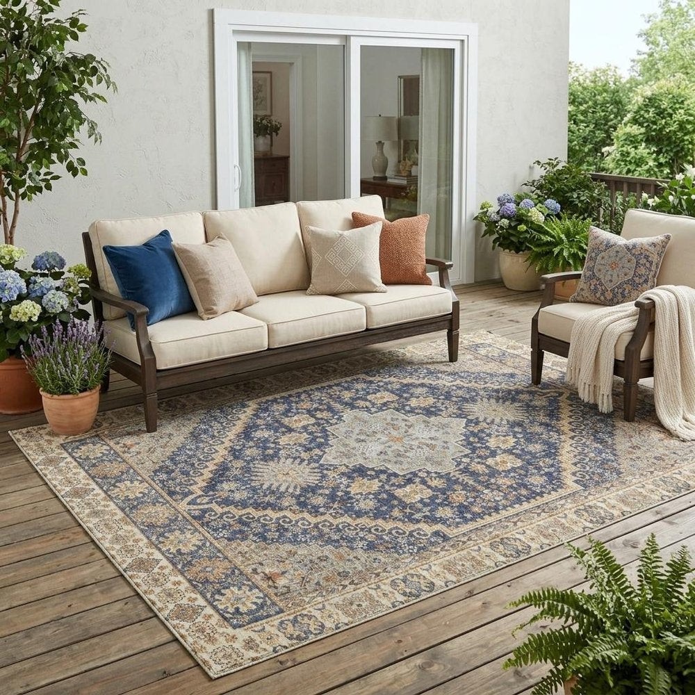 5' X 8' Navy Blue And Blue Oriental Washable Indoor Outdoor Area Rug HomeRoots