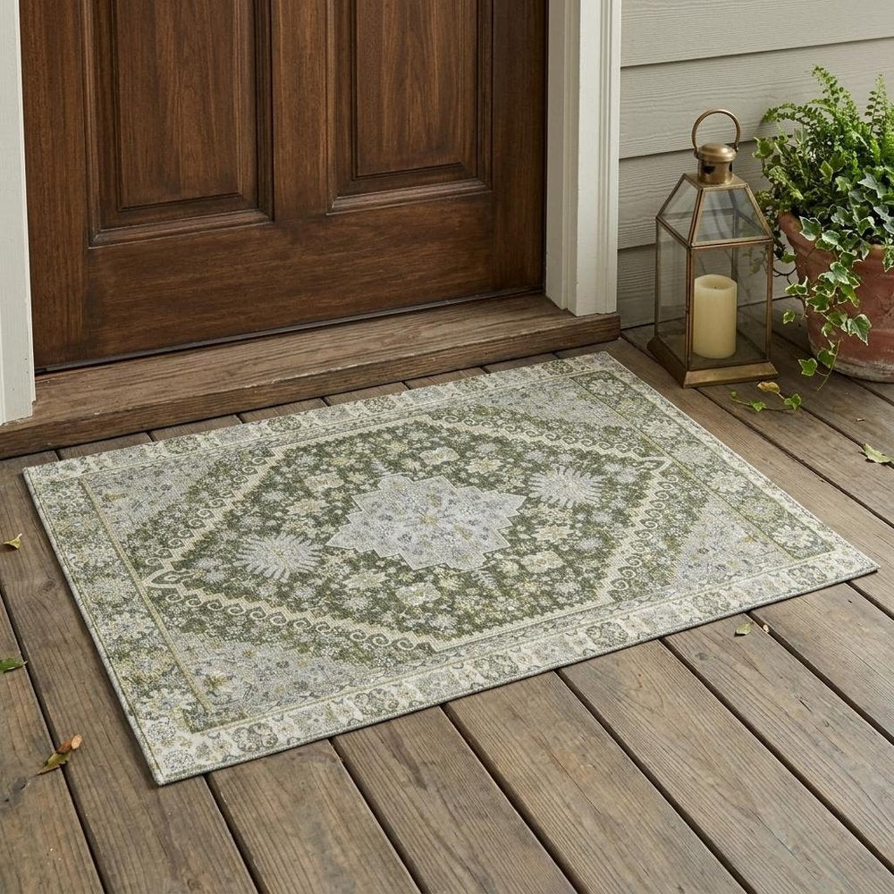 3' X 5' Olive Green And Green Oriental Washable Indoor Outdoor Area Rug HomeRoots