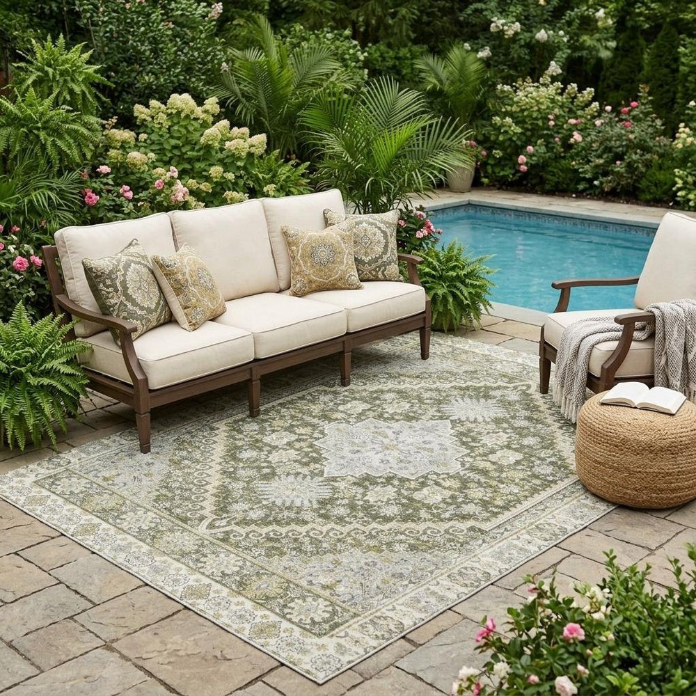 5' X 8' Olive Green And Green Oriental Washable Indoor Outdoor Area Rug HomeRoots