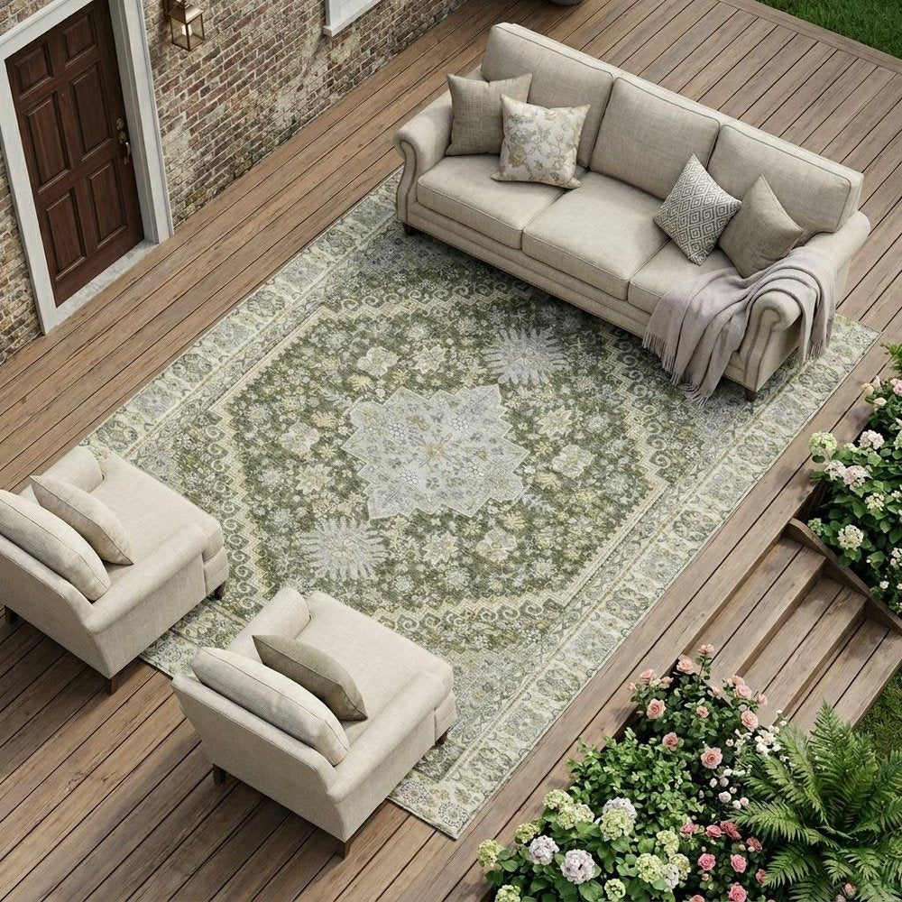 9' X 12' Olive Green And Green Oriental Washable Indoor Outdoor Area Rug HomeRoots