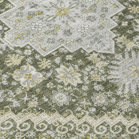 10' X 14' Olive Green And Green Oriental Washable Indoor Outdoor Area Rug