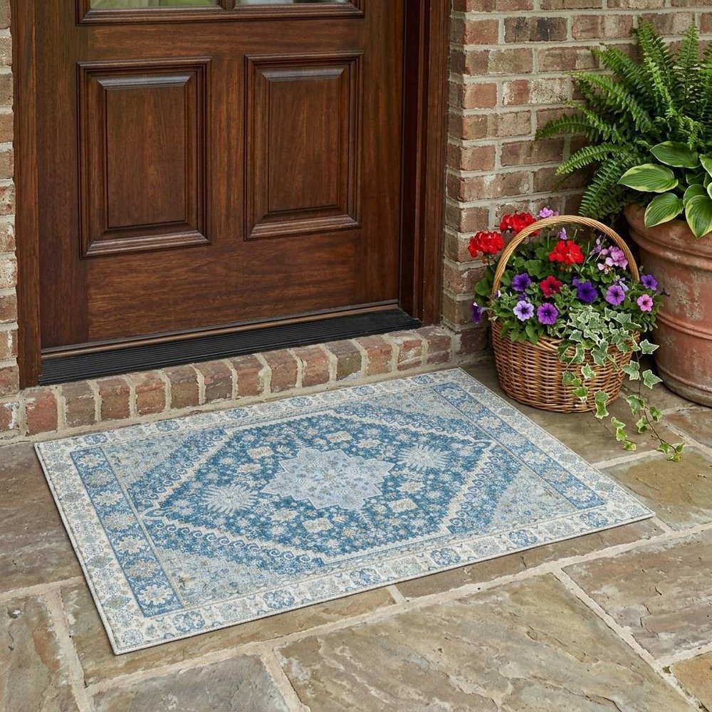 3' X 5' Teal Blue And Silver Oriental Washable Indoor Outdoor Area Rug HomeRoots